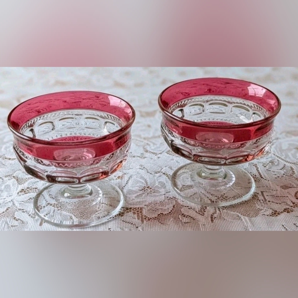 Vtg Set Of 2 King's Crown Thumbprint Cranberry Flashed Champagne/Sherbet Glasses